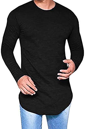 LIWEIKE Mens Solid Extended Hipster Hip Hop Swag Curve Hem Long Sleeve T Shirt (Black, X-Large)