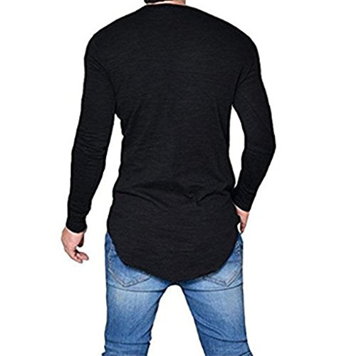 LIWEIKE Mens Solid Extended Hipster Hip Hop Swag Curve Hem Long Sleeve T Shirt (Black, X-Large)