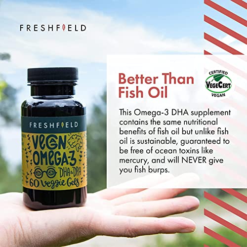 Freshfield Vegan Omega 3 DHA Supplement: Premium Algae Oil, Plant Based, Sustainable, Fish Oil Replacement. Supports Heart, Brain, Joint Health - w/DPA (Natural, 60)